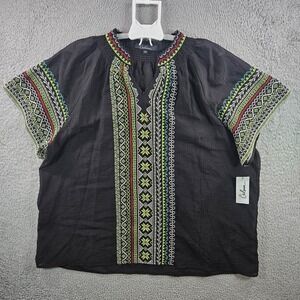 New Calessa Embroidered Top 2X Split Neck Aztec Short Sleeve Black